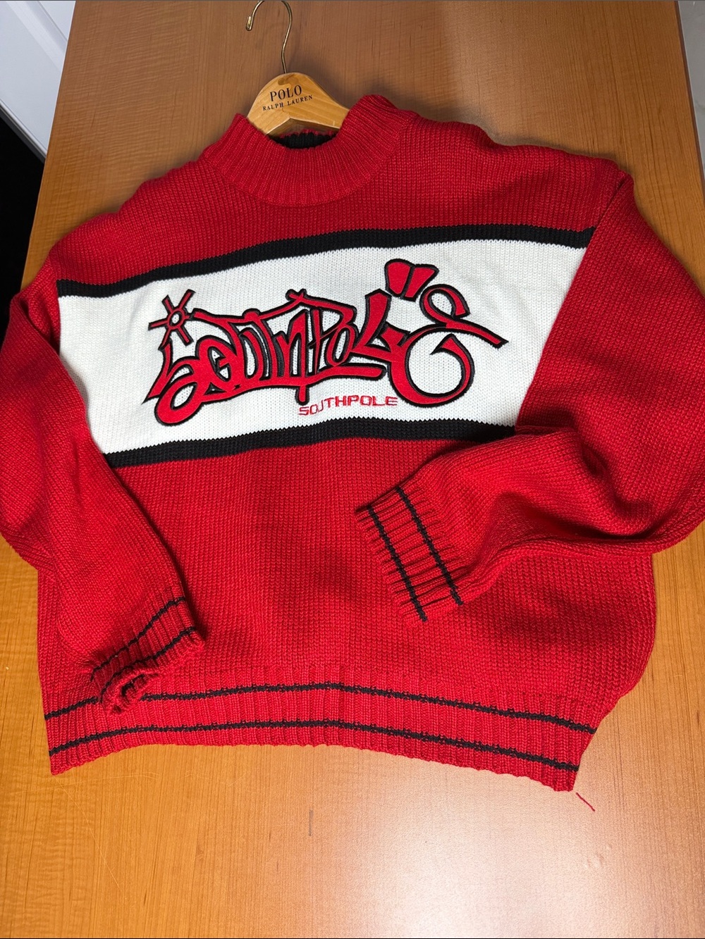 South Pole Red Crewneck Sweater with White & Black Chest Panel